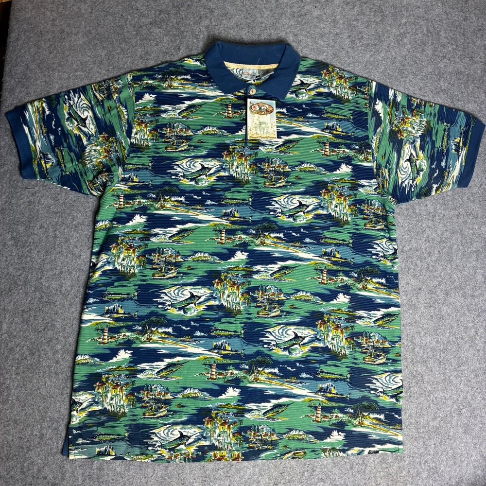 Ocean Pacific Polo Shirt Mens XXL Blue Green NWT Nautical Marlin Tropical Vtg